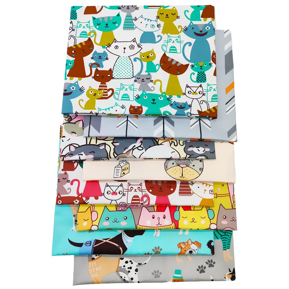 8 pcs/lot Fat Quarter Fabric Bundles 100% Cotton 19.69'' x 19.69'' (50 x 50cm) Cotton Fabric Pre-Cut Squares Sheets for Patchwork Sewing Quilting Crafting, Dog Cat Pattern.