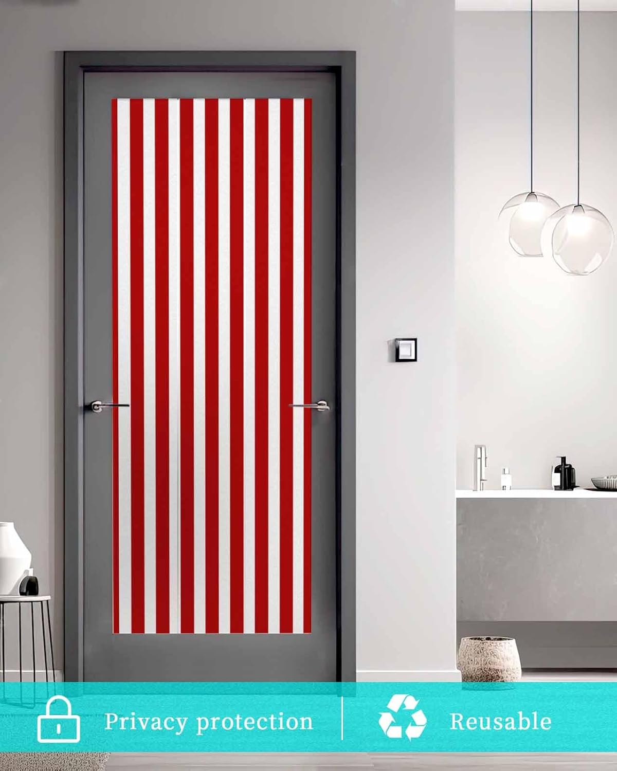 Striped Red Window Privacy Film Decorative Stained Glass Window Film Modern Red White Stripes Static Windows Clings Sticker for Glass Door, 35.4"x78.7" Blackout Shades Windows Cover