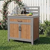 Xwiny Gartenschrank aus Holz, Outdoor Wetterfest Geräteschrank, Outdoor-Schrank mit Großer Arbeitsfläche & Schublade, Grillstation mit Verstellbaren Regalen, 80x51x119 cm, Massivholz, Natürlich