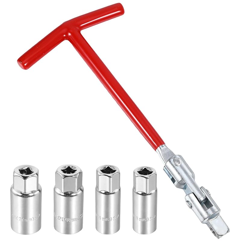 Kit de Soquetes para Velas de Ignição Jeqqinuz com Cabo T e 4 Medidas para Motos e Cortadores de Grama, 5 peças