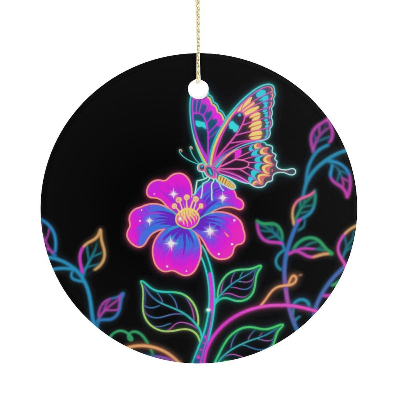 Personalized Christmas Ornaments 2025 Ceramic Hanging Neon Butterfly Ornaments with Gold String Double-Sided Vintage Holiday Decorations for Tree Mantel Tabletop Xmas Party Favors