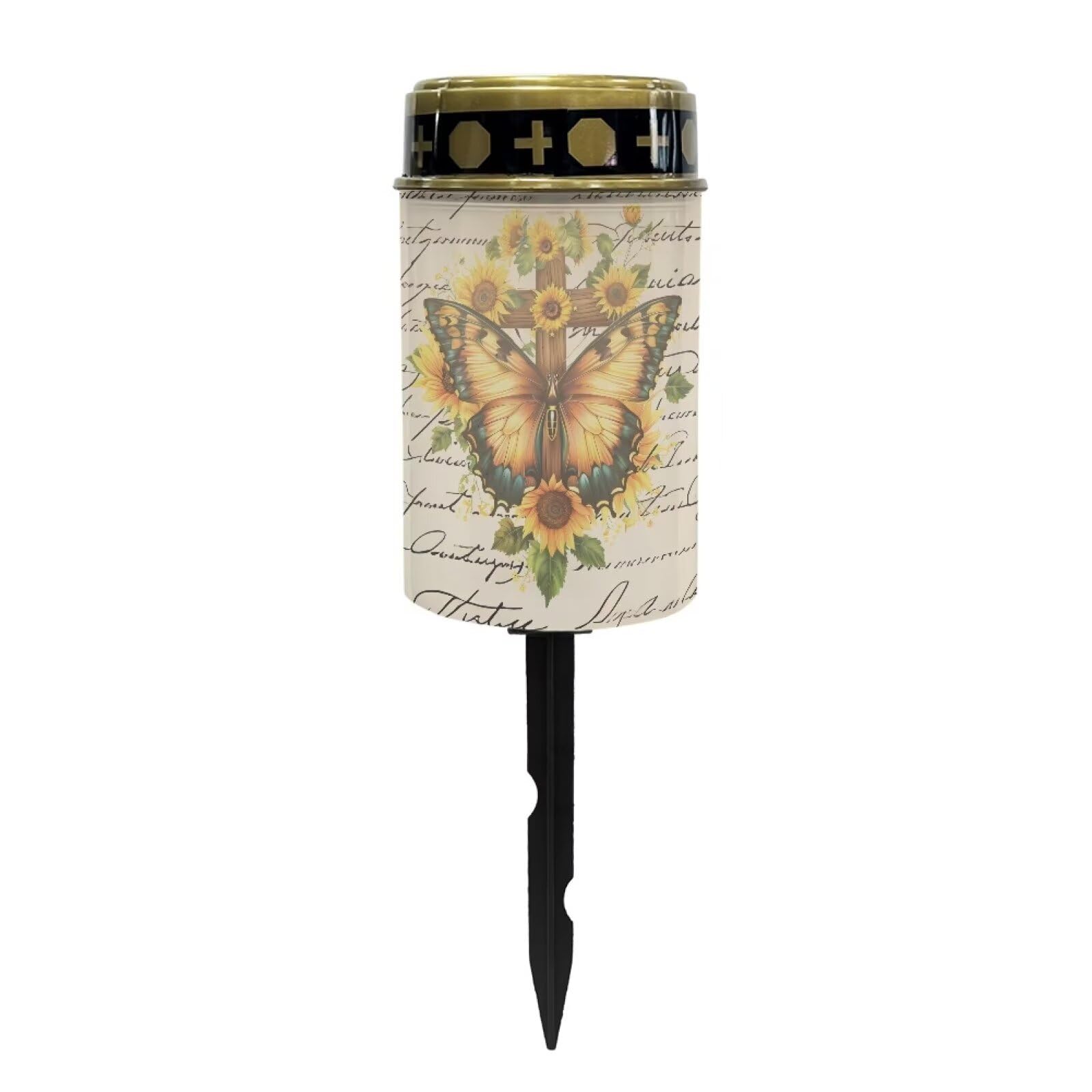 Poceacles Cross Outdoor Solar Lights Grave Solar Candle Outdoor Waterproof Cemetery Solar Candles Garden Lights for Cemetery Lawn Porch Backyard Decoration, Butterfly Sunflower Cross Letter