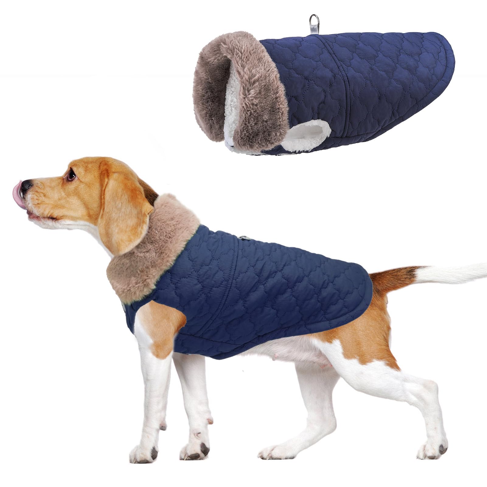 BEAUTYZOO Winter Dog Coat with Harness Built in, Warm Dog Puffer Jacket Vest Padded Fleece Cold Weather Coats Windproof Waterproof Snow Jackets Clothes for Small Medium Puppy, Blue L