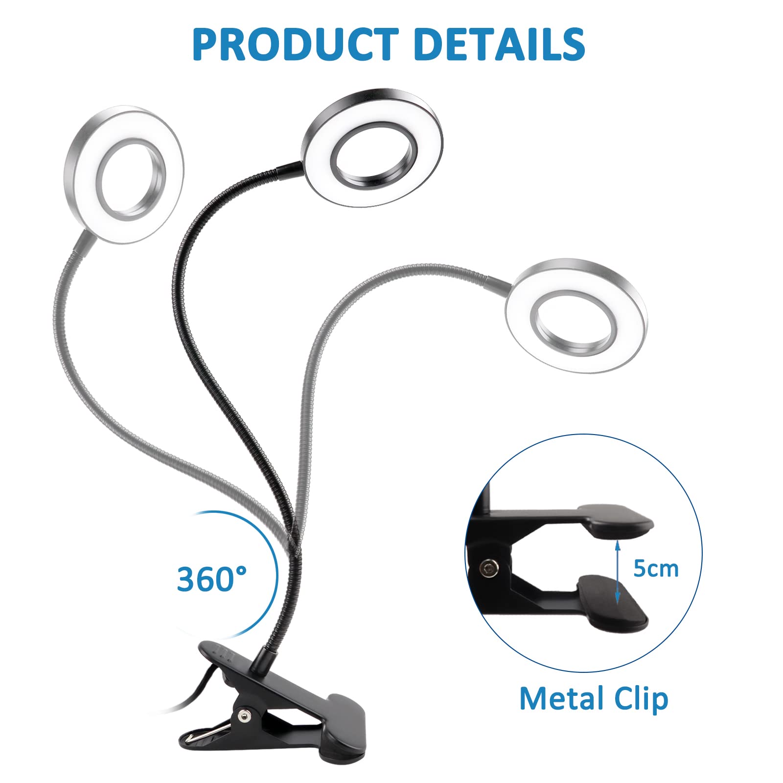 Lampe à Pince LED 8W USB - 3 Couleurs, 10 Luminosités, Col Flexible 40cm