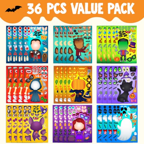Image of JOYIN 36 PCS Halloween Craft Stickers for Kids Party Favor, Make a Face Stickers with Designs Witch Vampire, DIY Craft Supplies for Halloween Party Game Classroom Activities Gift Goodies