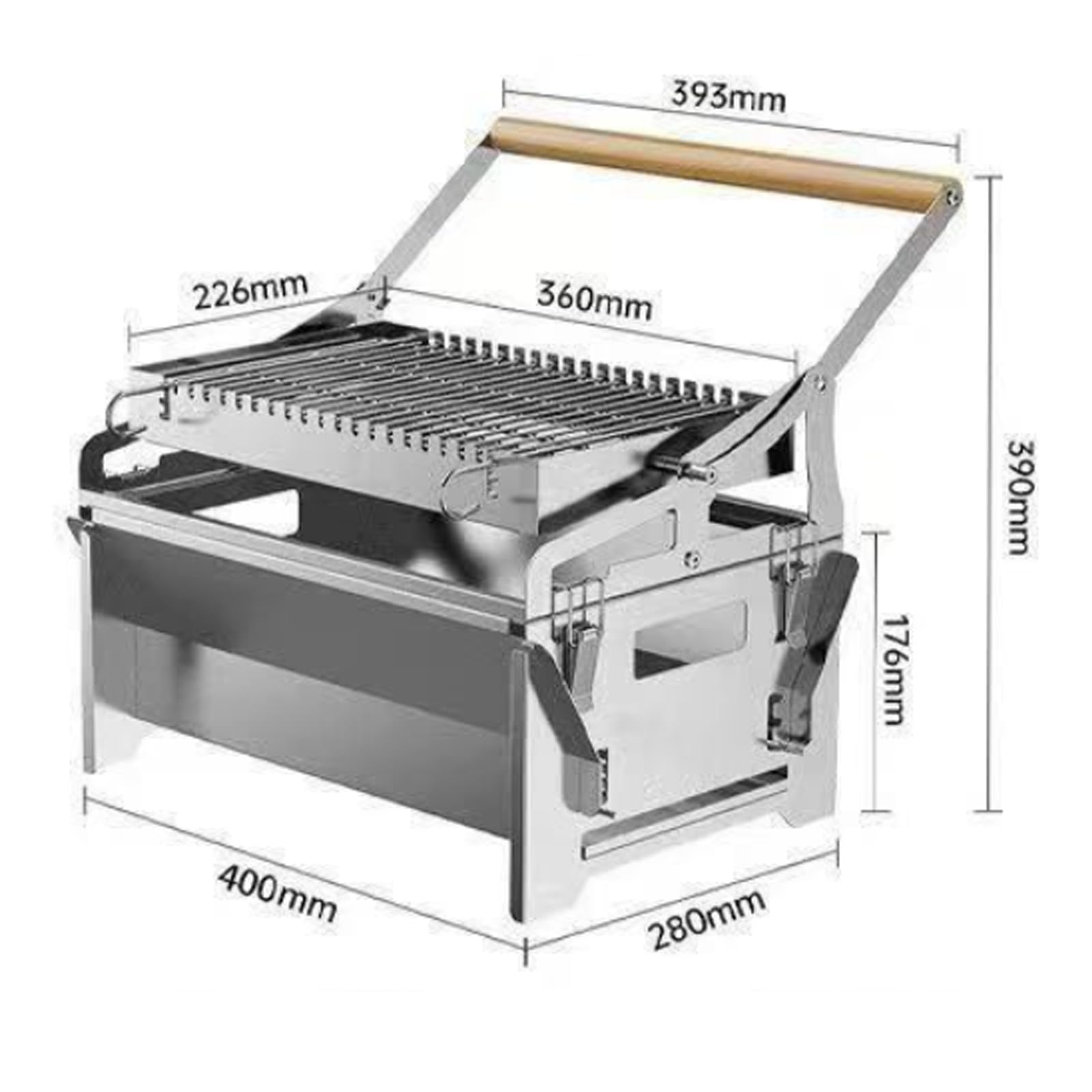 Przenośny grill węglowy z klapką, do grillowania piknikowego | dwustronny ruszt, drewniany termoizolowany uchwyt, boczne drzwiczki popielnikowe i wyjmowane tace ułatwiające czyszczenie