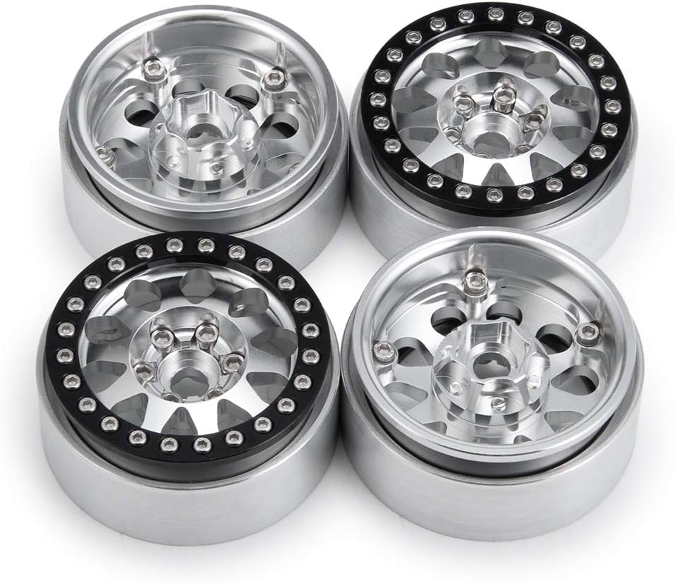 1.9 Beadlock Wheel Rims 4PCS Metal Wheel Hub Set for 1/10 RC Crawler Axial SCX10 II 90046 SCX10 III AXI03007 TRX4 D90 (Black & Silver)