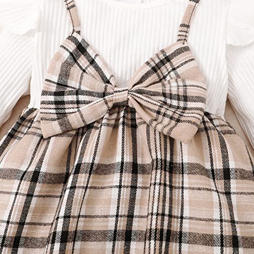 Puseky Baby Girl Dress Infant Toddler Dresse Ruffle Sleeve Plaid Suspender Dress With Bowknot Headband Skirts For Baby Girls Khaki #TOP3