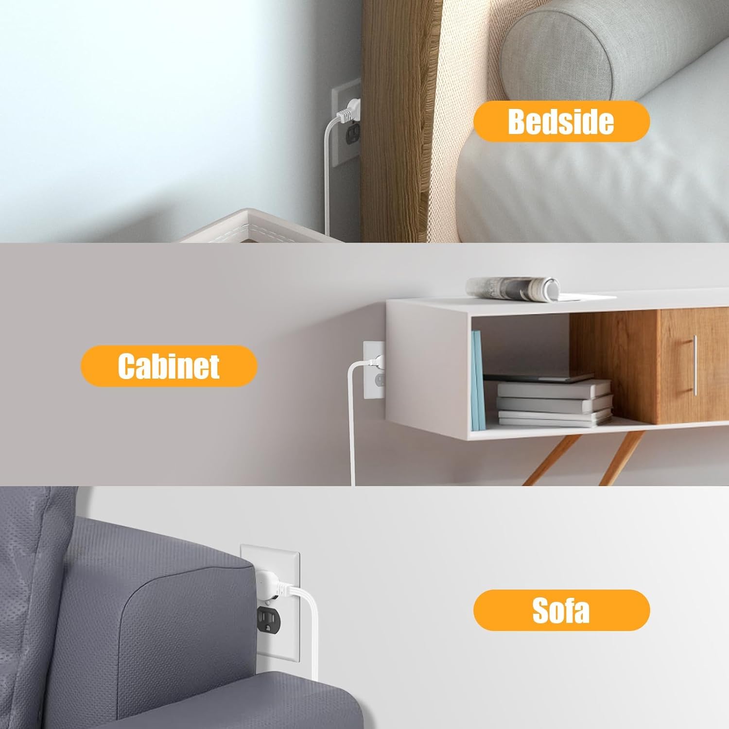 Twin Extension Cord - 20 FT Split Extension Cord, 6 Outlets and 6 USB Ports - Double Power Strip, 3 Prong and Flat Plug, for Behind Bed, Couch, Nightstands, Vanity, Furniture