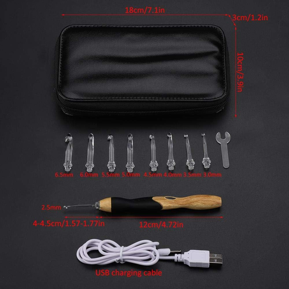 USB Rechargeable Light-Up Crochet Hook Set 9-Piece with Interchangeable Heads 2.5mm-6.5mm Ergonomic Silicone Handles Adjustable Brightness LED
