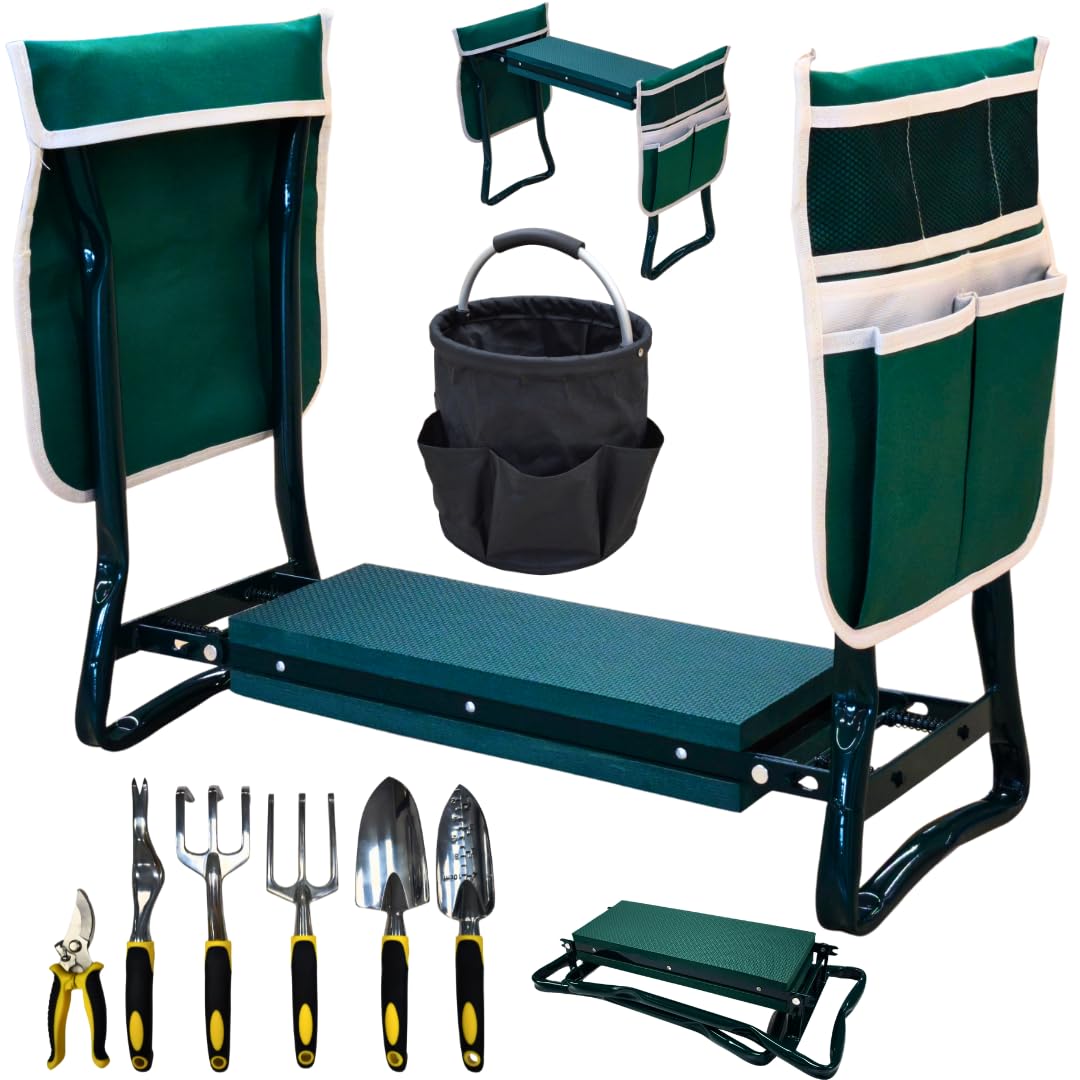 2 in 1 Kniebank für Gartenarbeit mit Eva-Schaumpolster, klappbar, inkl. 2 Werkzeugtaschen, 6-teiligem Werkzeugset und faltbarem Garteneimer, belastbar bis 150 kg