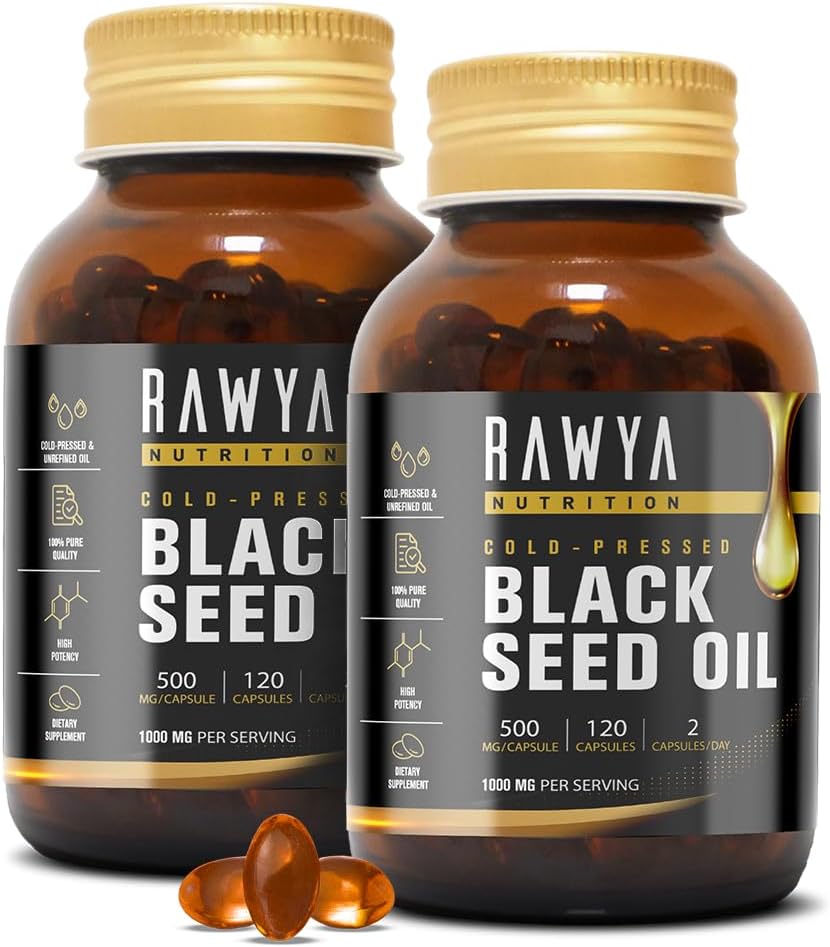 Rawya Black Seed Oil, 120 Softgels x 2 Pack, 500mg Each, Organic Cold-Pressed Black Seed Oil Capsules, Pure Nigella Sativa, Rich in Omega-3-6-9 for Skin Hair Digestion Metabolism Vitality and Wellness