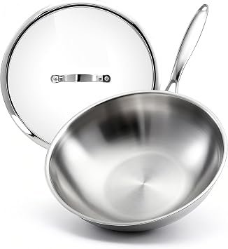 WANGYUANJI 4.2 QT Tri-Ply Stainless Steel Wok Pan with Lid, 12" Flat Bottom Stir Fry Skillet for Asian Cuisine, Premium 18/10 Induction Cookware for 3-4 Servings, Oven Safe