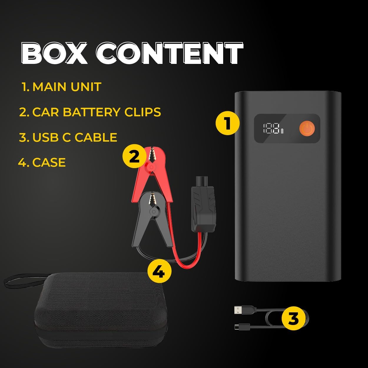 Jump Starter, Battery Charger, 14800mAh, 12V Battery Booster/Pack, LCD Display, LED Lights, Power Bank Function, Ultralight & Portable, 3 Modes Flashlight, Jumper Cable, Power Bank- RAPIKITS ST-148