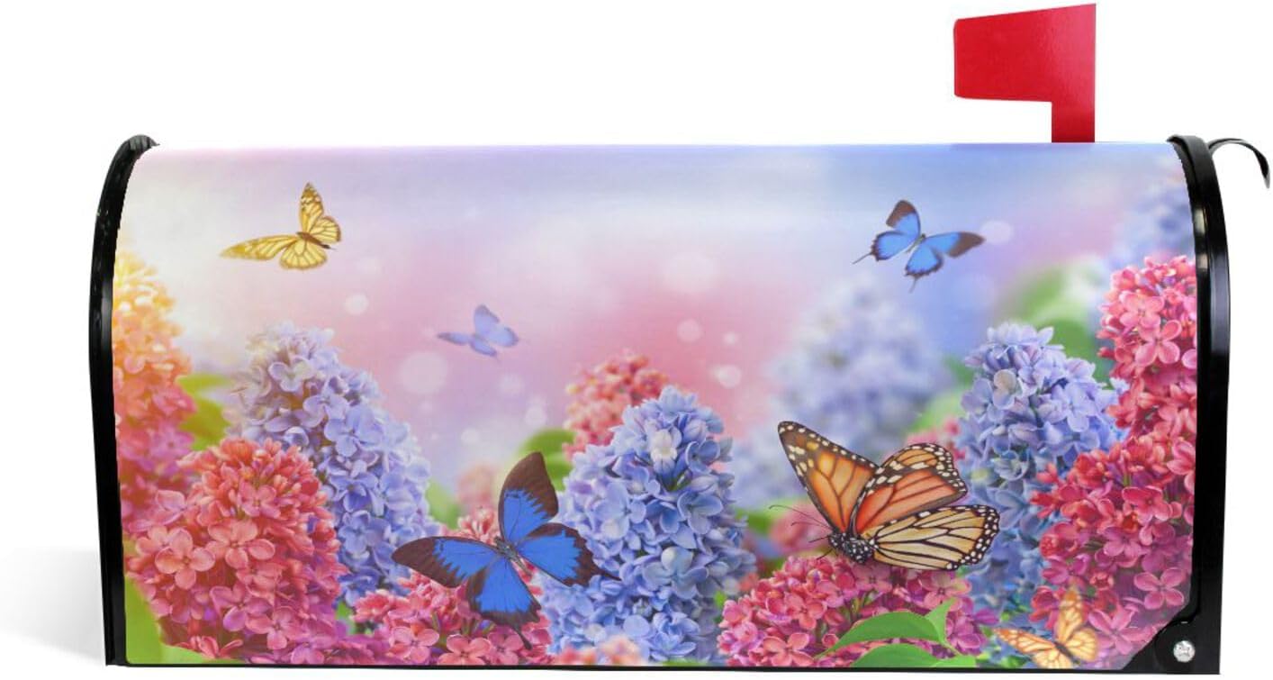 WOOR Spring Lilac Flower and Butterflies Magnetic Mailbox Cover MailWraps Garden Yard Home Decor for Outdoor Standard Size-18"x 20.8"