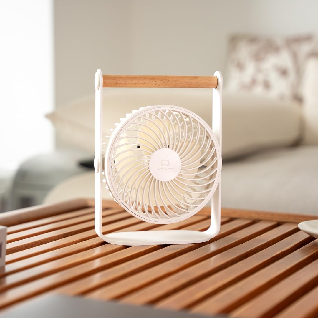 Gingko Lyra - Ventilador portátil - Ventilador de escritorio recargable por USB blanco lunar con mango de madera, ventilador de refrigeración silencioso ajustable de 360°, 3 velocidades + modo de