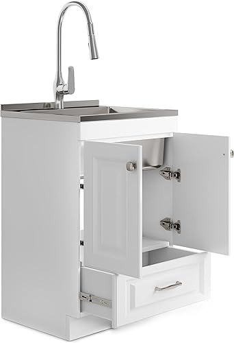 Miniatura 3 de SIMPLIHOME Lawrence - Armario de lavandería de transición de 24 pulgadas con grifo y fregadero de acero inoxidable en color blanco, para lavadero y