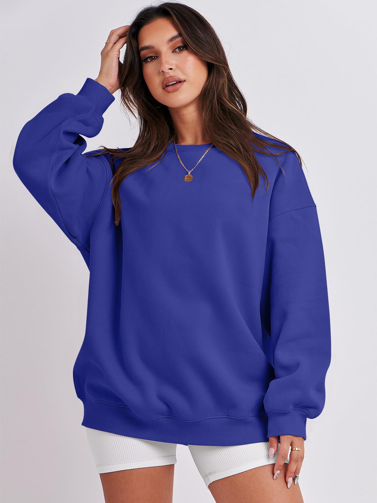 Damskie bluzy oversize bluzy z kapturem polar okrągły dekolt sweter top codzienne jesienne stroje preppy ubrania nastolatki 2024 A1019 światło, Jeden kolor, Royal Blue_L