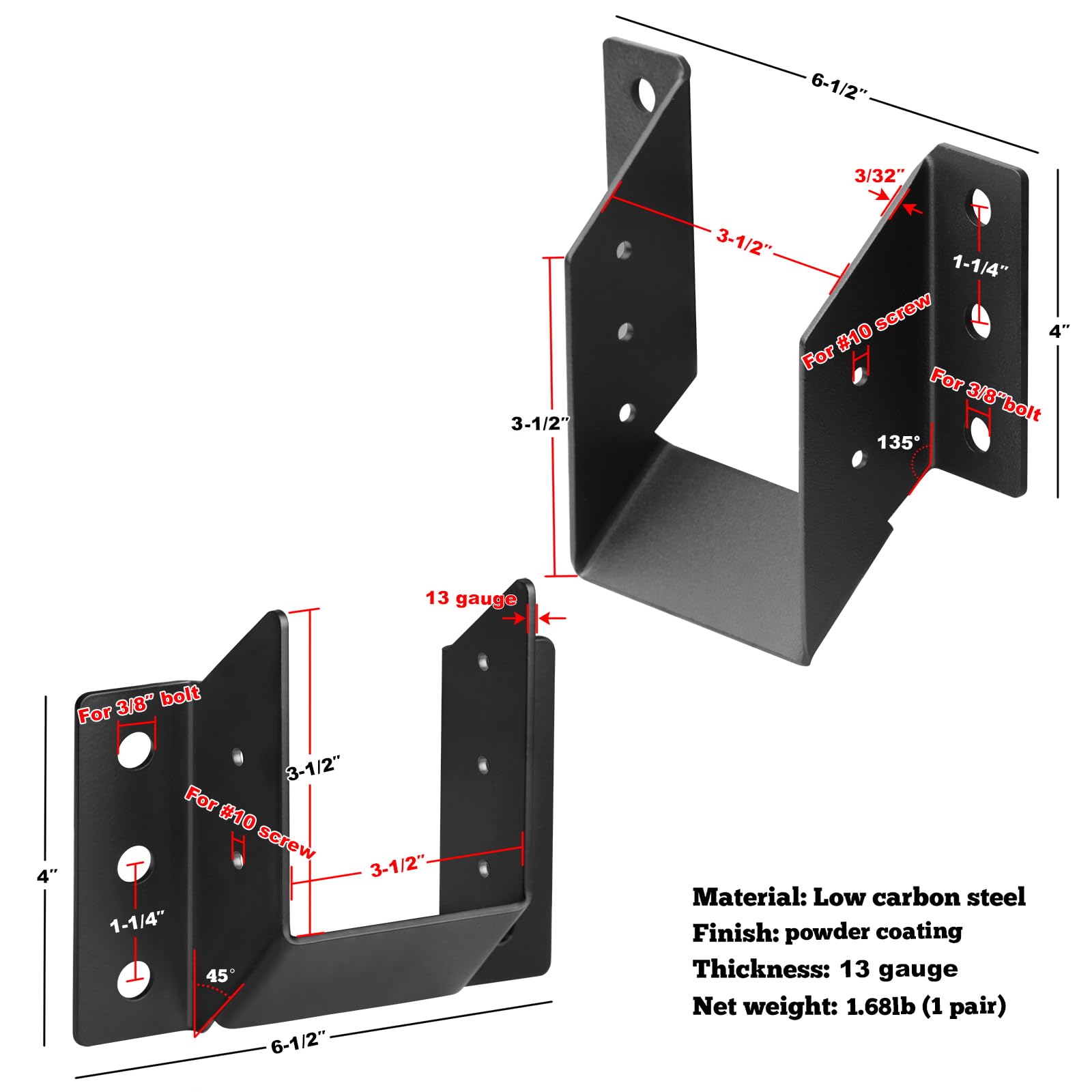 2 pares de ganchos en ángulo para postes de 4 x 6, 45° de pendiente hacia arriba y hacia abajo (paso de techo: 12/12), calibre 13