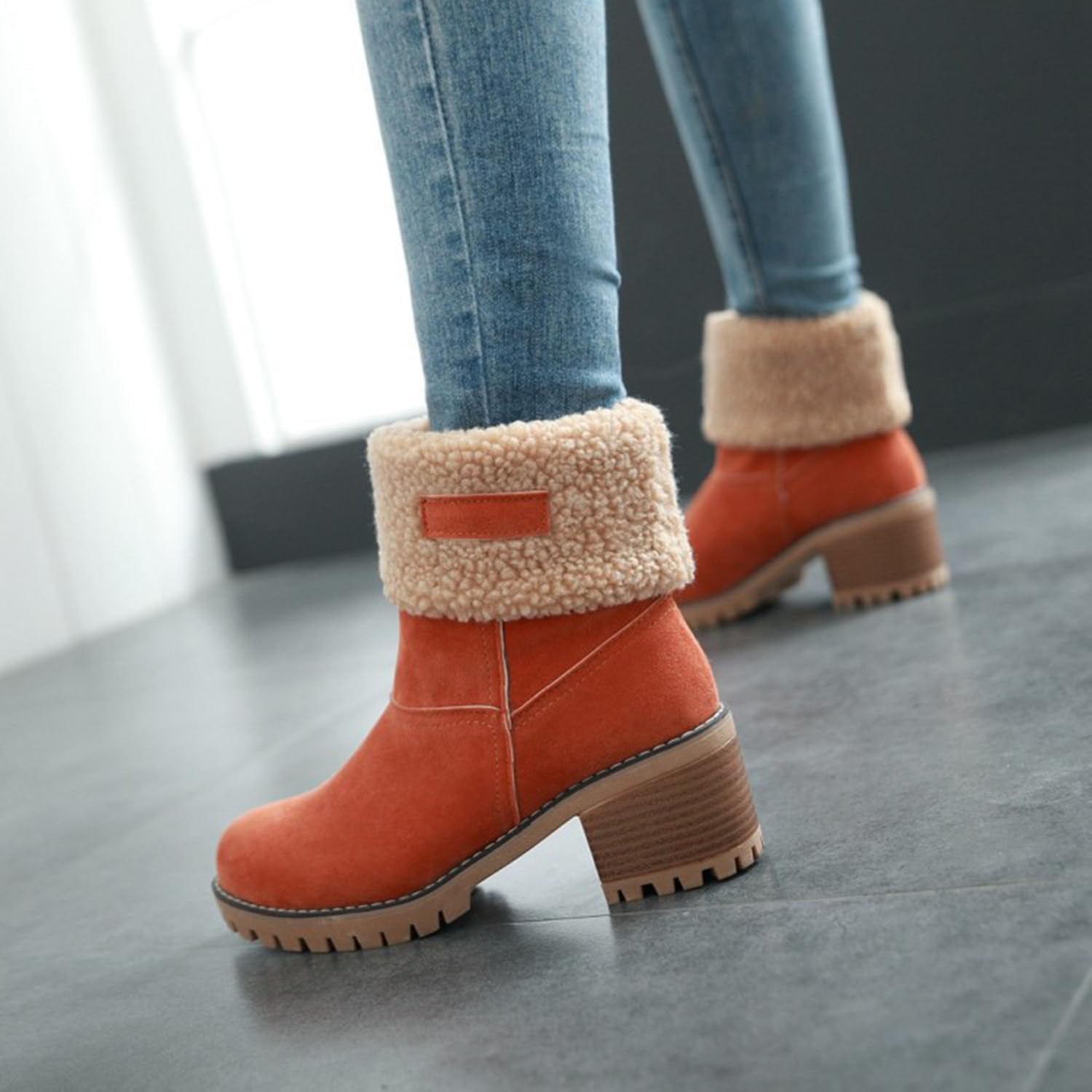 Women Cute Warm Short Boots Women's Winter Snow Fleece Suede Chunky Mid Heel Round Toe Ankle Booties Chunky Boots