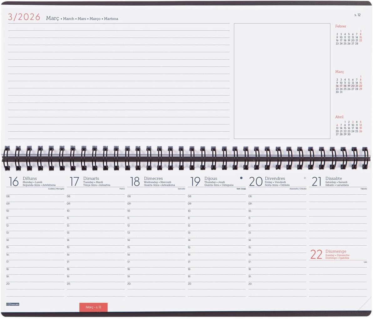 Finocam - Planner Agenda + Notes Week to View 2026 Week View + Notes January 2026 - December 2026 (12 months) Catalan Grey