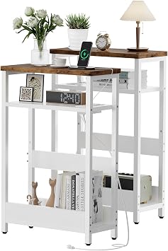IBUYKE Narrow Side Table Set of 2, with Charging Station, End Table for Small Spaces, Nightstand with 2 USB Ports and 2 Outlet, Sofa Table for Living Room, Bedroom, White and Brown UTMZ006W-2