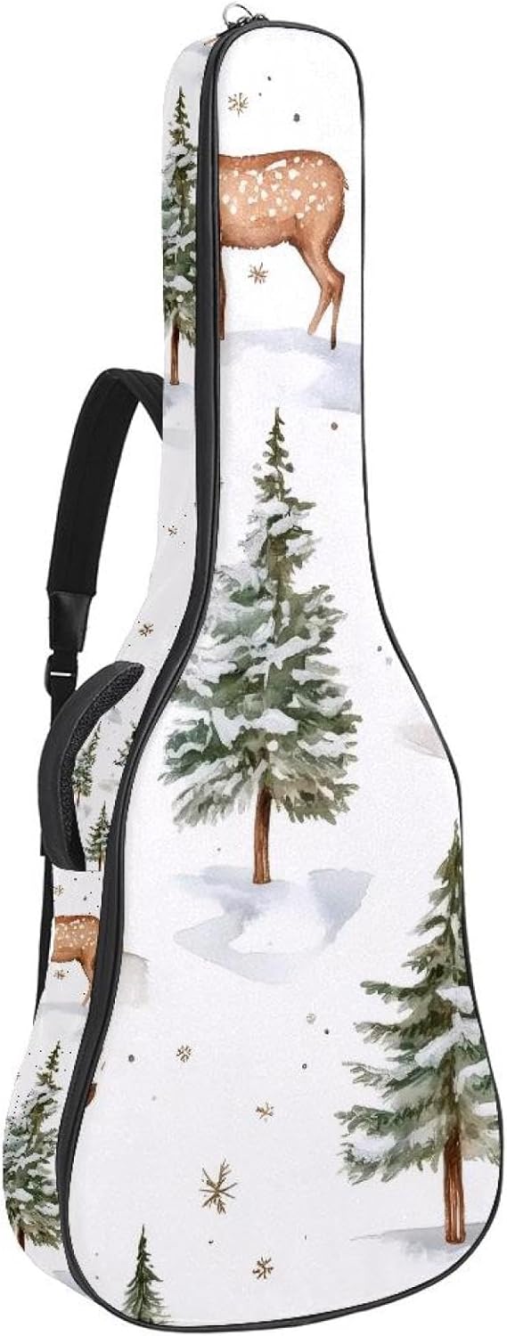Acoustic Guitar Gig Bag 10mm Thick Padding, Soft Waterproof Guitar Case with Adjustable Backpack Straps for 40-42 Inch Guitar, Snow Christmas Trees and Deers Watercolor Winter Pattern