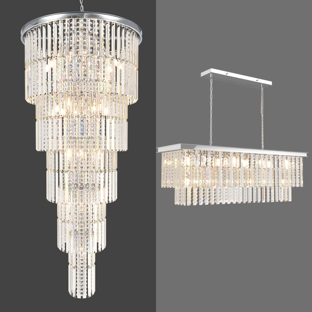 37-Lights Foyer Chandelier H62 and Dining Room Lighting Fixture Chrome Rectangular Chandelier Light Fixture