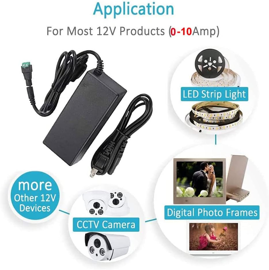 SUYOOULIN Power Supply, Transformers, AC 100-240V to DC 12V 10A Switching Power Supply LED Adapter, 120 Watt Max, 5.5mmx 2.5mm 2.1mm Plug for LED Strip Neon Rope String Lights image 5