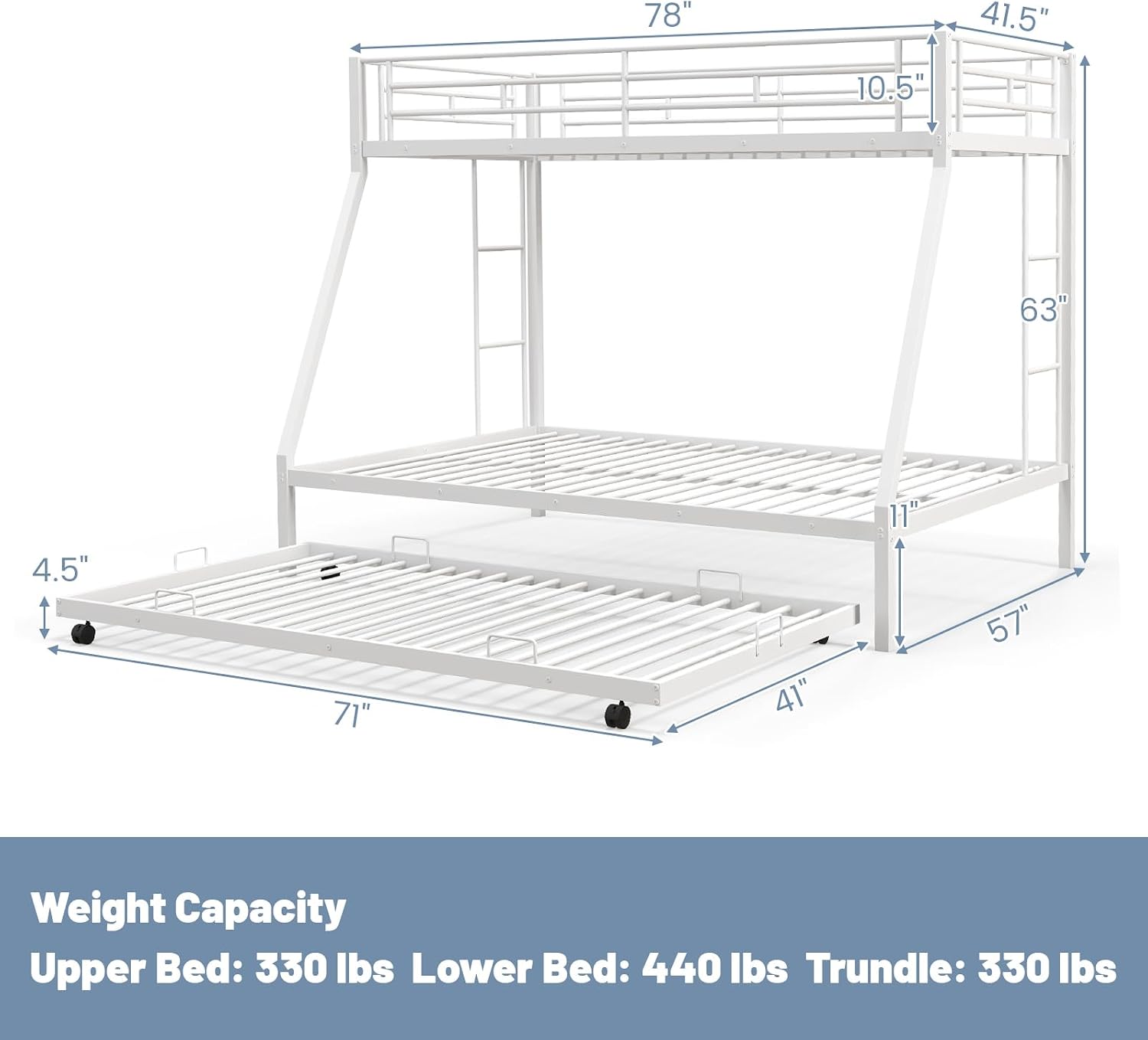 KOMFOTT Twin Over Full Bunk Bed with Trundle, Heavy-Duty Metal Bunk Bed Frame with Guardrail & 2 Ladders, Space-Saving Bunk Bed for Kids/Teens/Adults, No Box Spring Needed