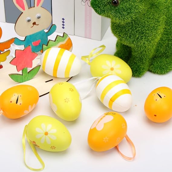 Plastic Easter Eggs Pack of 12 Decorative Eggs for Easter Easter Eggs for Hanging Colourful Plastic Eggs Craft Plastic Eggs Easter Eggs for Painting with Ribbon