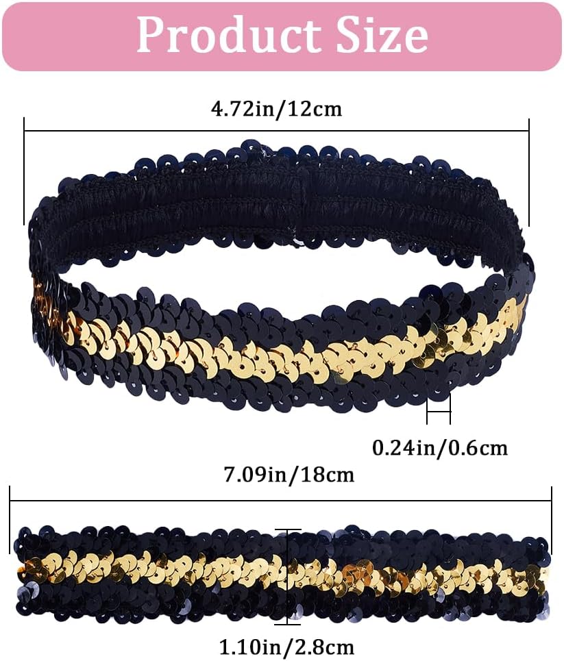 GORGECRAFT 10Pcs Sequin Headband Sparkling Wide Headband Elastic Glow Stretch Sparkle Glitter Fashion Adjustable Hair Band Accessories for Women Sports Dance Party Teams Store, Black-Gold Stitching