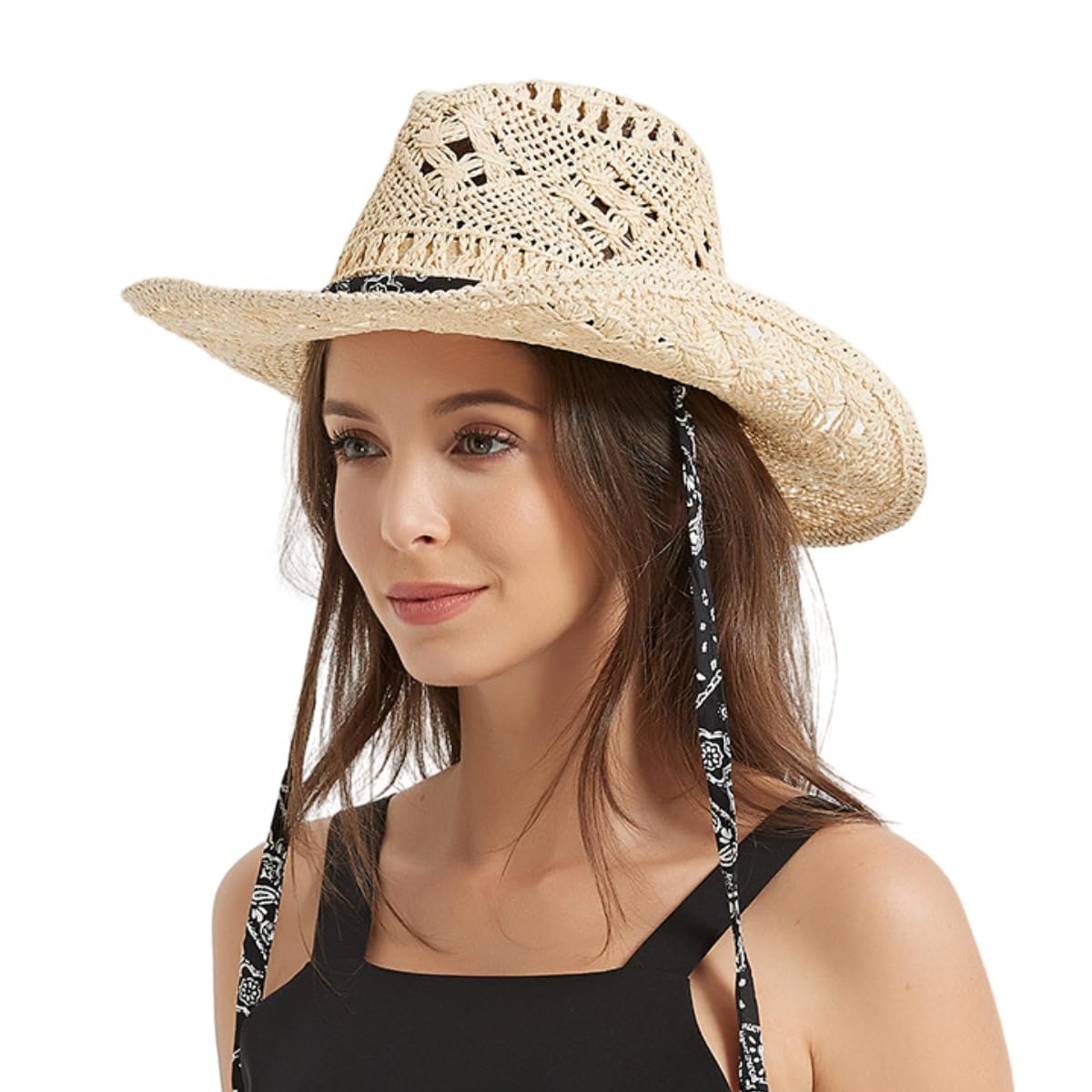 Genérico Sombrero de Cowboy para Mujer Hombre, Gorros Cowgirl de Paja Vaquero Panamá Western Cowboy Hat con Correa de Barbilla Sombrero Verano Playa al Estilo Country