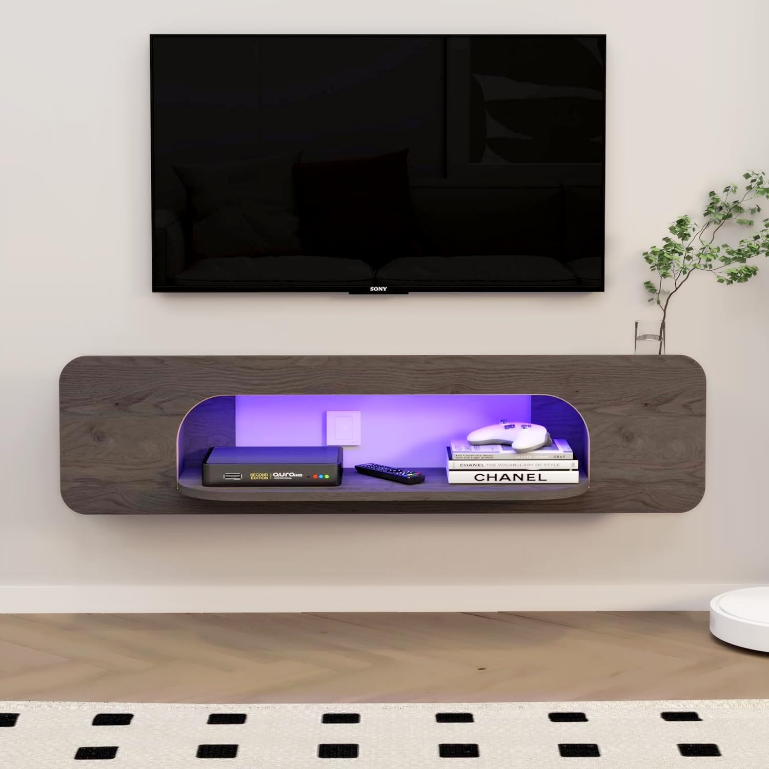 Pmnianhua Floating TV Stand with LED Lights, Wall Mounted TV Shelves with 1 Open Shelf, Modern Entertainment Media Console Center Large Storage Shelf Under TV for Living Room (146cm, Dark Grey)