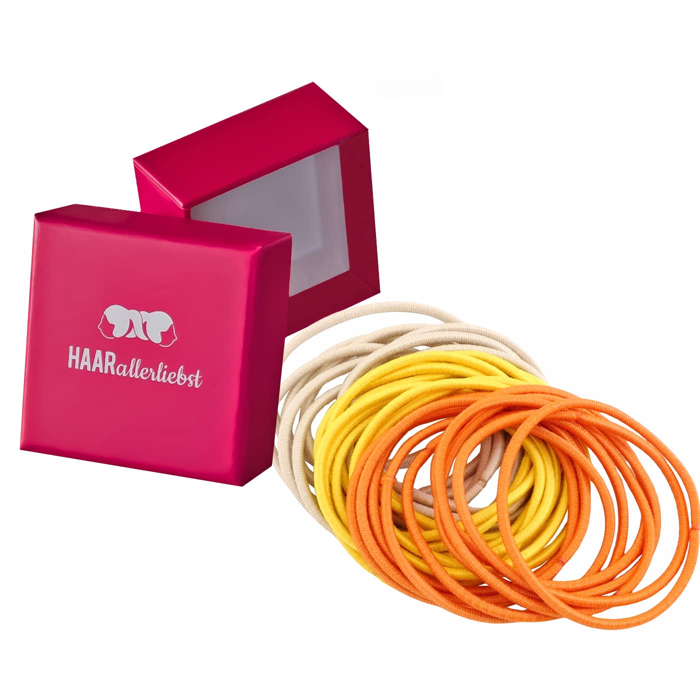 HAARallerliebst Extra Thin Hair Scrunchies (Pack of 30) Beige, Yellow, Orange 4.5 cm with Box for Storage (Box Colour: Pink)