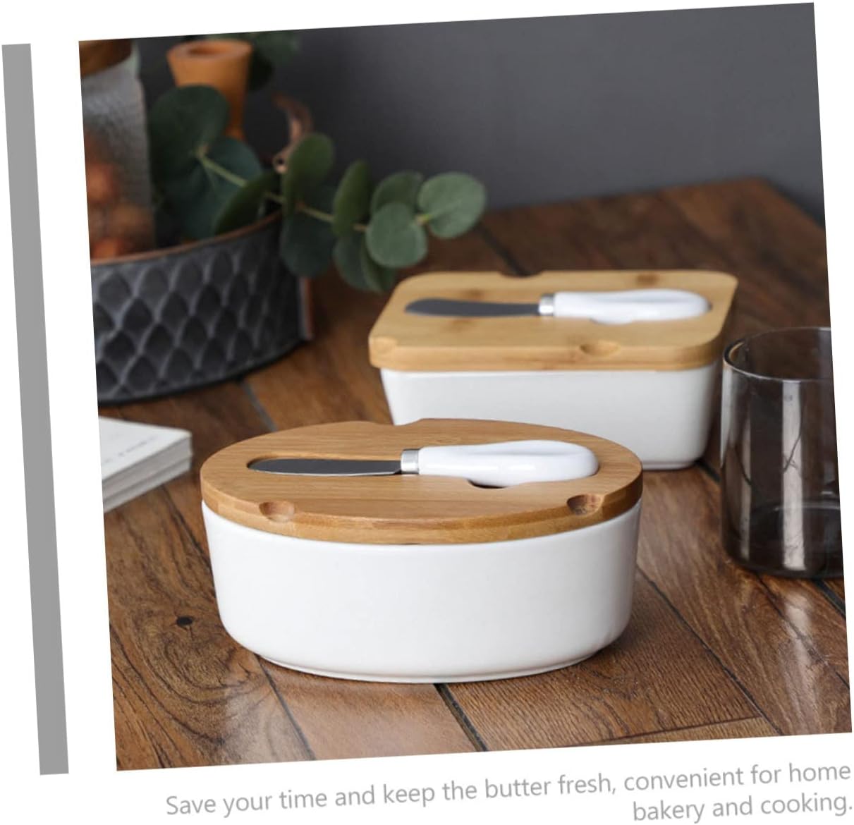 Butter Knife Ceramic Disc Set Bamboo Lid Butter Box Storage Box for Home Tableware