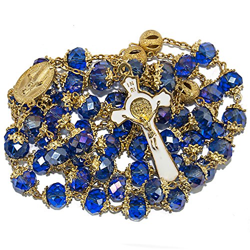 St Benedict Gold Plated Deep Blue Crystals Rosary Beads Miraculous Medal Catholic #TOP1