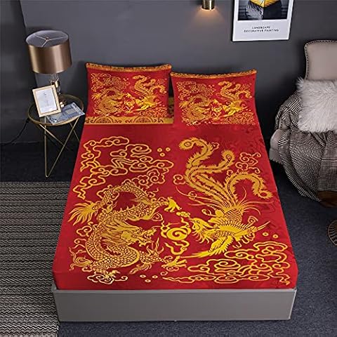 Juego de sábanas y fundas de almohada NOADREAM Rojo Chino Tradicional Cover