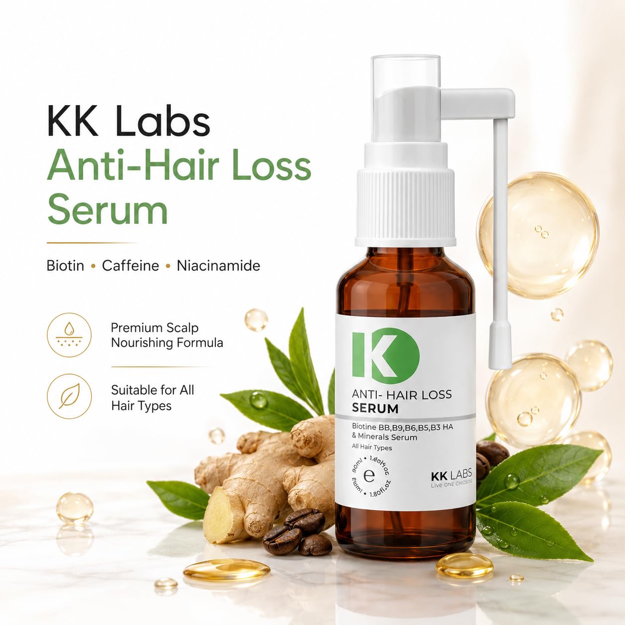 KK Labs Anti-Hair Loss Scalp Serum 50ml - Leave-In Daily Serum for Thinning-Prone Hair, Cares for the Scalp and Helps Hair Look Denser, Fuller and Healthier, for Men and Women