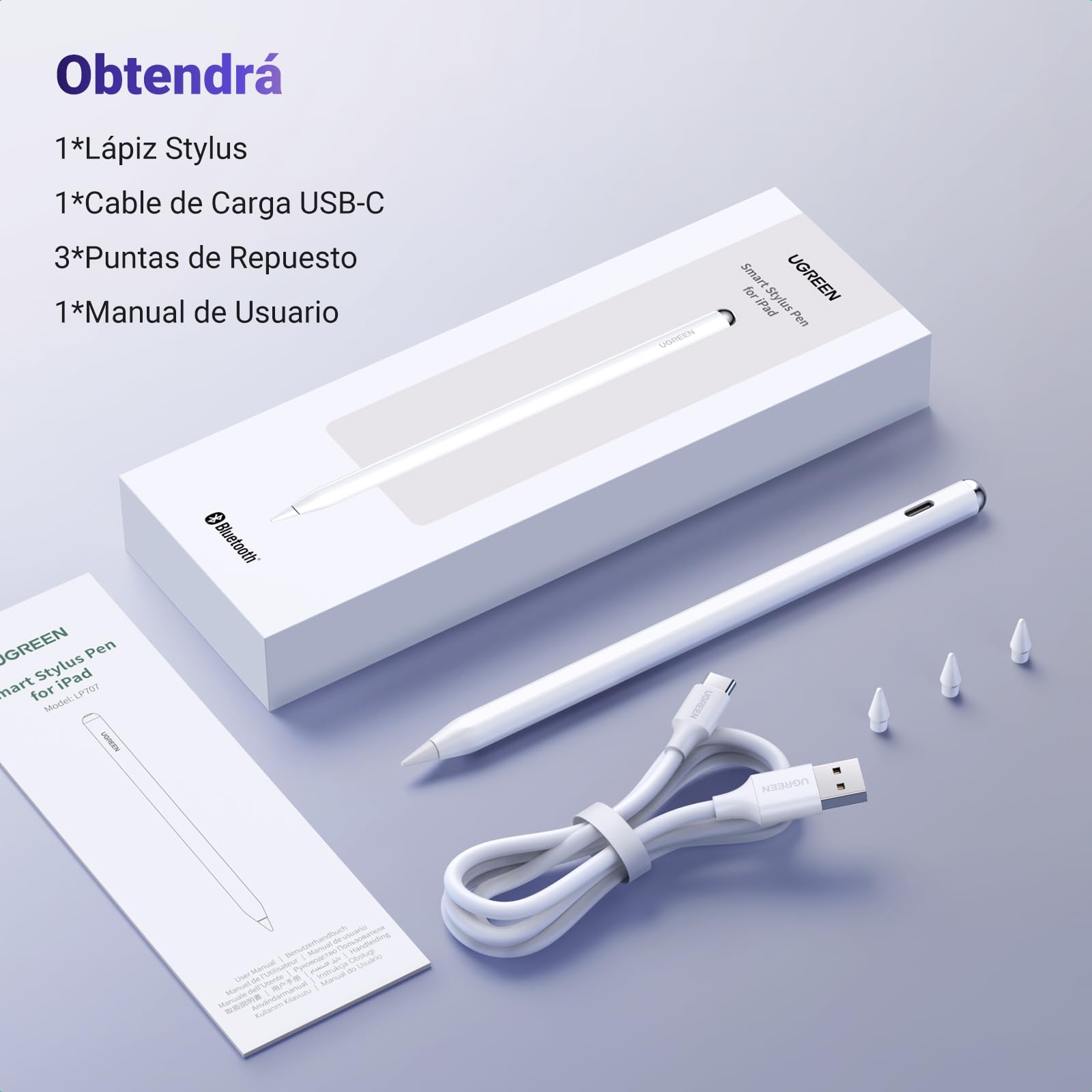 UGREEN Lápiz para iPad Carga Inalámbrica, Pencil Magnético para Tableta con Rechazo de Palma y Sensible a La Inclinación Compatible con Pro 12.9/11" 2018-2022/Air 4/5/10/Mini 6