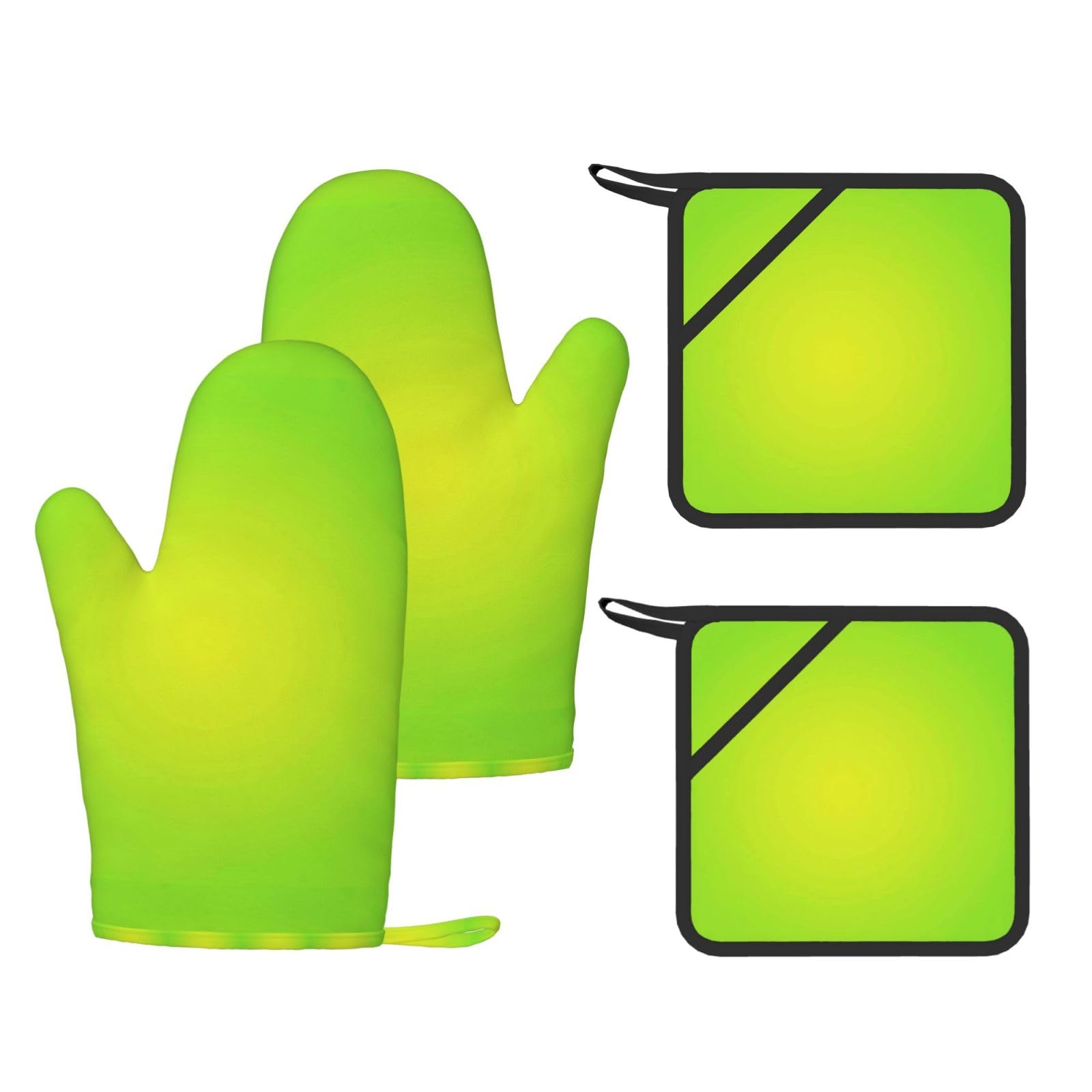 Juego de Cuatro Guantes y Manoplas Resistentes al Calor para Hornear, Guantes de Cocina Antideslizantes, Manoplas para Horno, Color Verde Lima.