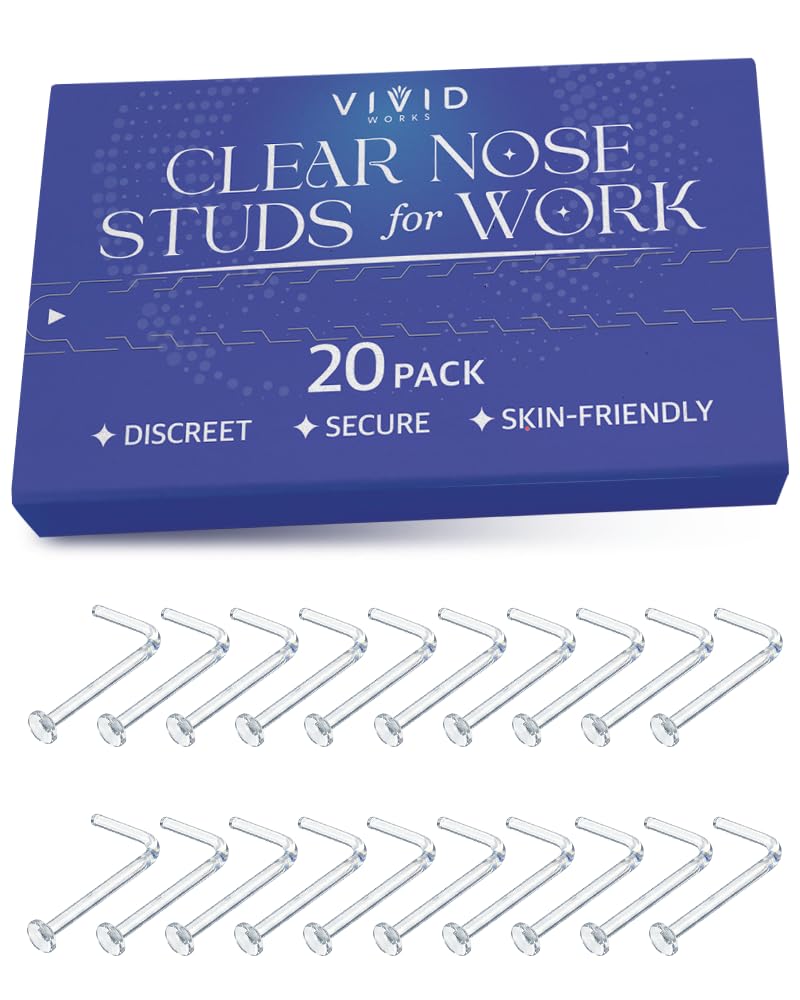Vivid Works Clear Nose Studs for Work 20 Pack 18 Gauge - Clear Nose Rings 1mm | Invisible Flat Stud Plastic Piercing Retainer Cover for Surgery - Piercing Jewelry for Women and Men - 2