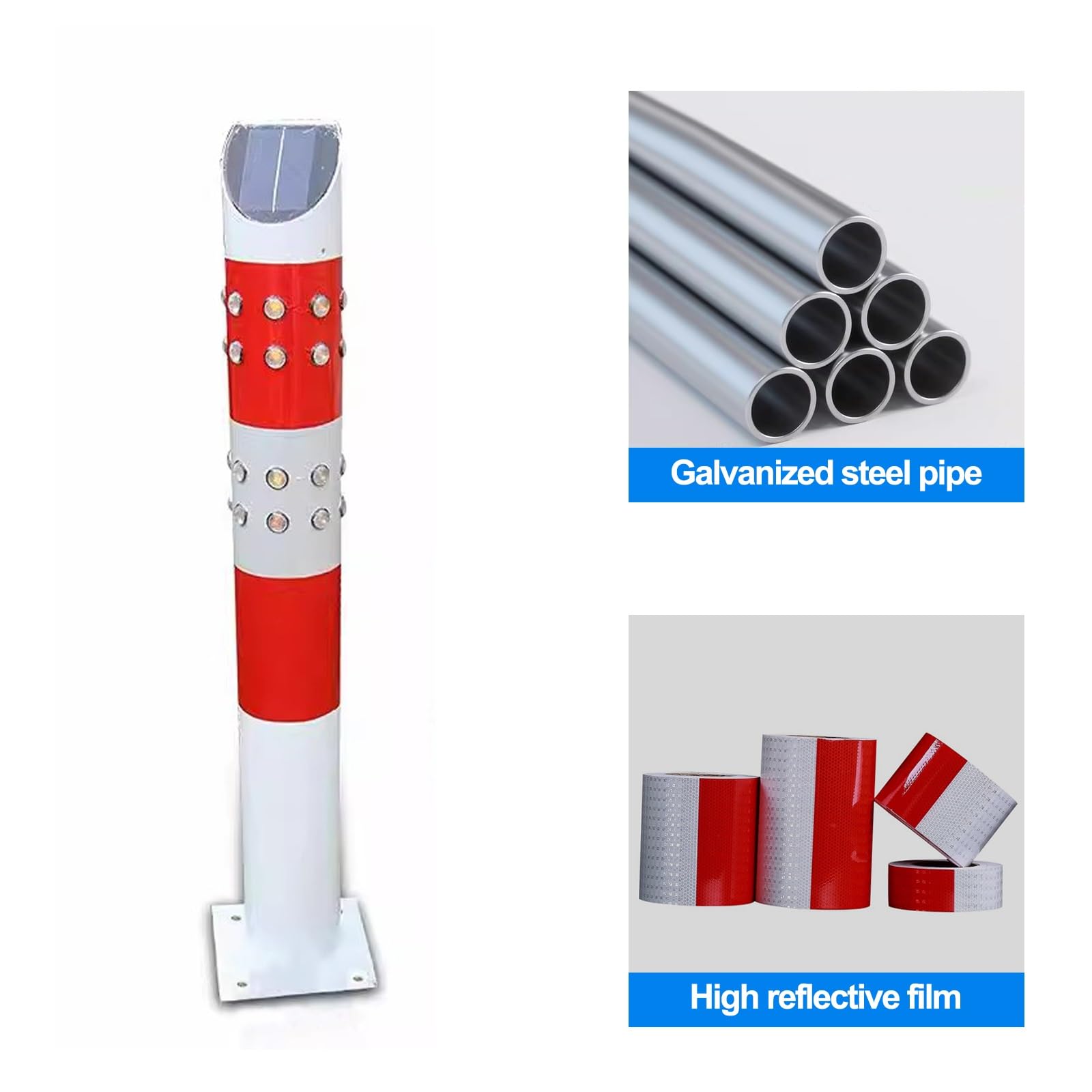 Paletto di Segnalazione Solare, Palo di Sicurezza Zincato Riflettente per Parcheggi, Colore Rosso Bianco, Altezza 90/115cm, Barriera Fissa per Vialetto(White,115cm/45in)