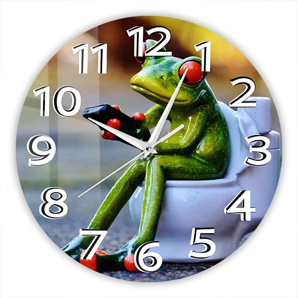 Funny Bathroom Wall Clock, 12 Inch Frog Bathroom Clock Modern Decorative Frog on Toilet Wall Clock Watch Large Numbers Easy to Read Silent Movement Battery Operated for Bathrooms