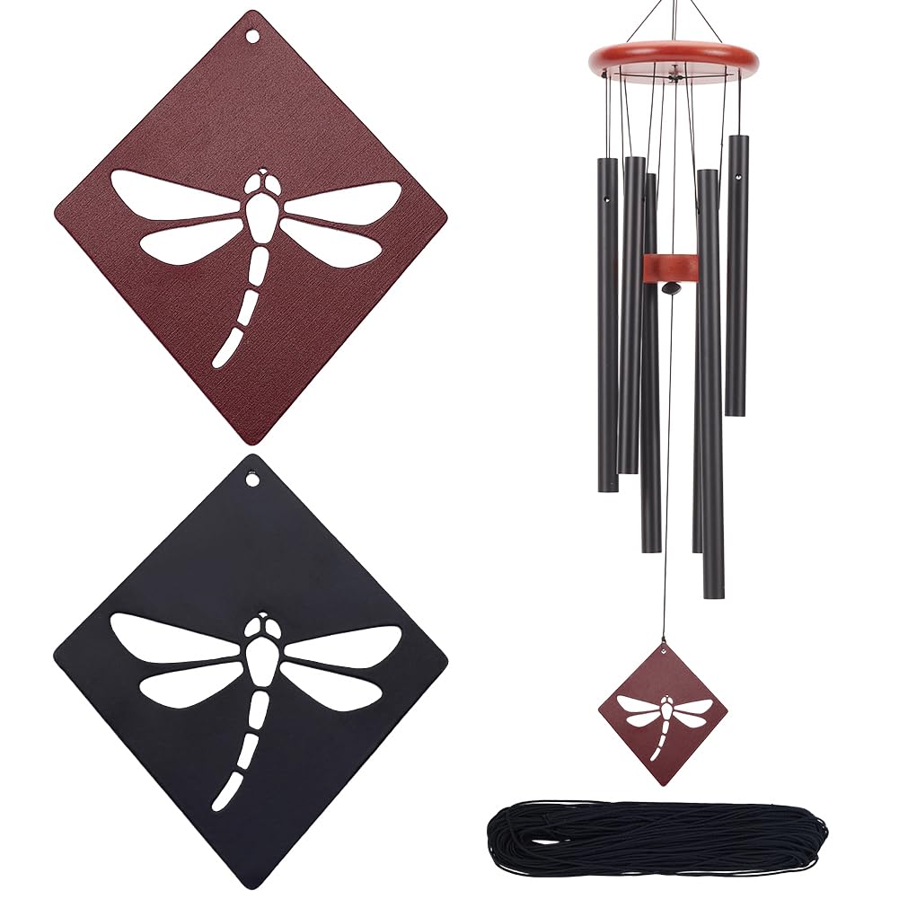 ORIGACH 2 Pcs Red & Black Metal Replacement Wind Catcher, Wind Chime Parts Replacement with 16.4FT Nylon Cord, Metal Wind Chime Replacement Sail for Memorial Sympathy Wind Chimes, Dragonfly