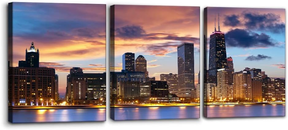 Pacimo Canvas Print Wall Art Chicago City Sunset Night Skyline Architecture & Maps Cityscape Photography Realism Global Scenic Colorful Multicolor for Living Room Bedroom Office - 12" x 16" x 3 Panels