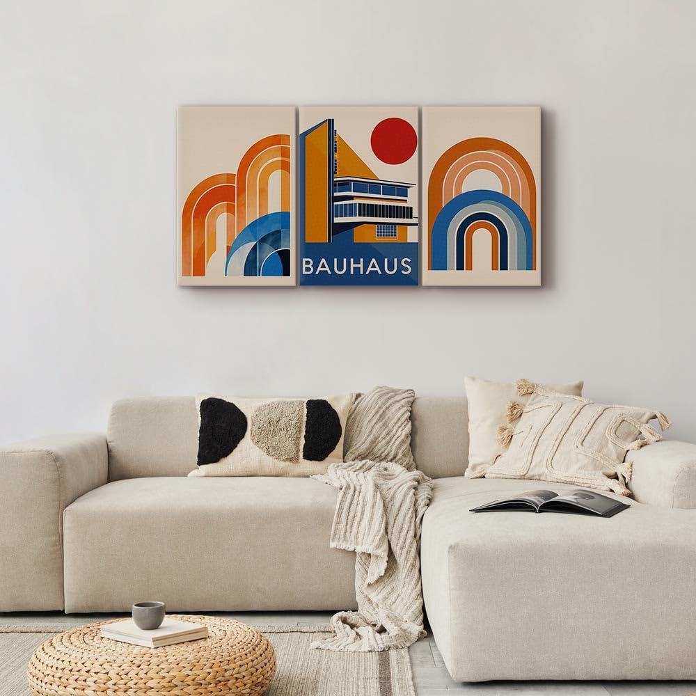 murando   Tableau triptyque mural Ensemble 120x60 cm (3 pièces de 40x60 cm chacune) – Impression sur toile avec cadre pour salon et chambre   Motifs orange et bleu   Bauhaus a H 10129 b a