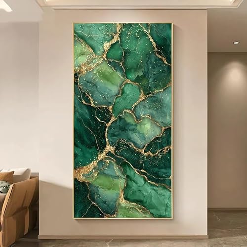 GOSRD Canvas Art Poster Modern Abstract Green Marble With Golden Veins Print For Wall Decoration(55X110cm)