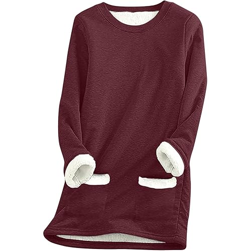 DII osedhc Women's Sherpa Lined Sweatshirts Solid Simple Sports Pullover Plush Tunic Tops Thermal Underwear with Pockets