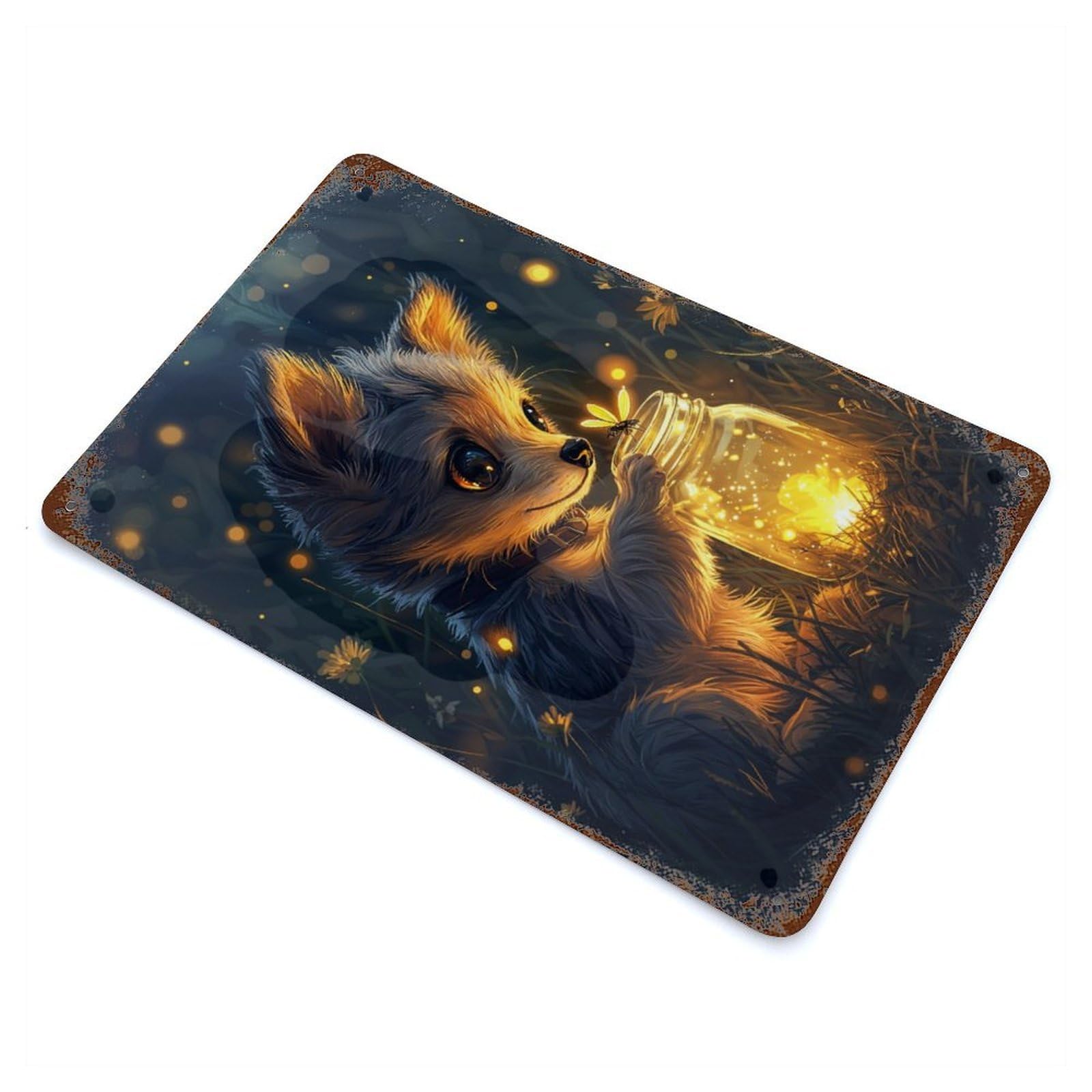 Cute Puppy with Fireflies Retro Metal Sign 11.8"x7.9", for Pub, Kitchen And Man Cave Decor, Industrial Home Decor
